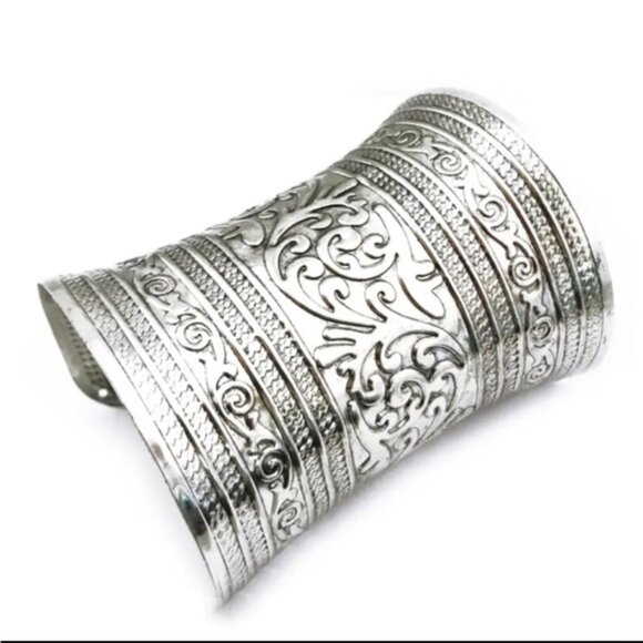 Silver Plated Bangle Wide Open Cuff Bangle Bohemian Carved Totem Bracelet - Picture 2 of 4